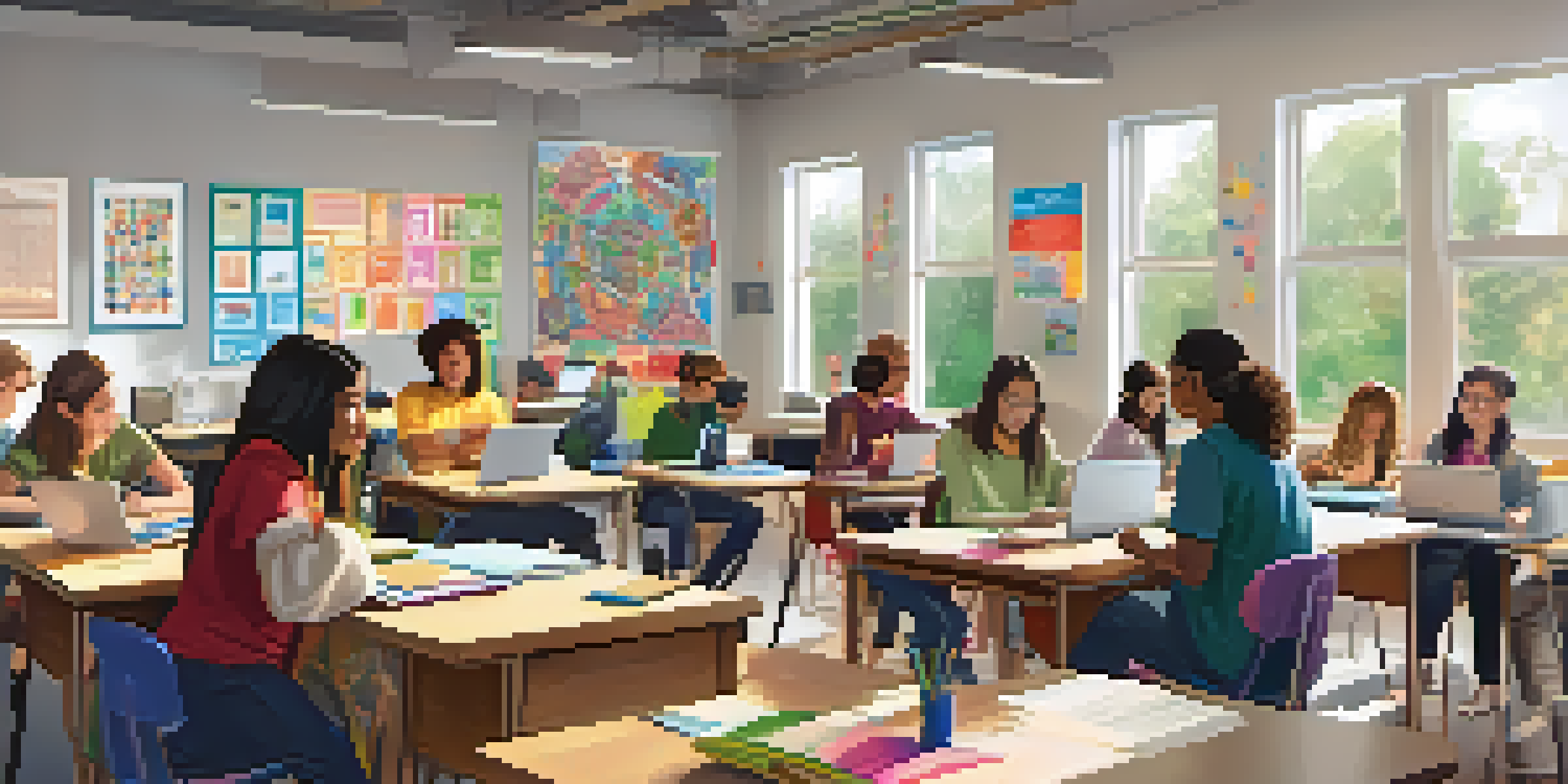 A diverse group of students collaborating in a bright online classroom filled with educational posters and digital tools.