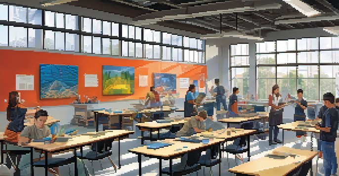 A vibrant classroom where diverse students are engaged in hands-on vocational training, with bright natural light and colorful educational posters.