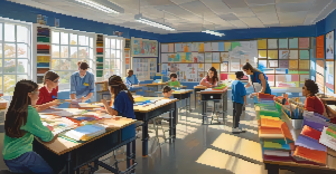 A classroom with teachers from different subjects collaborating, surrounded by art supplies and scientific posters, with engaged students working together at a large table.