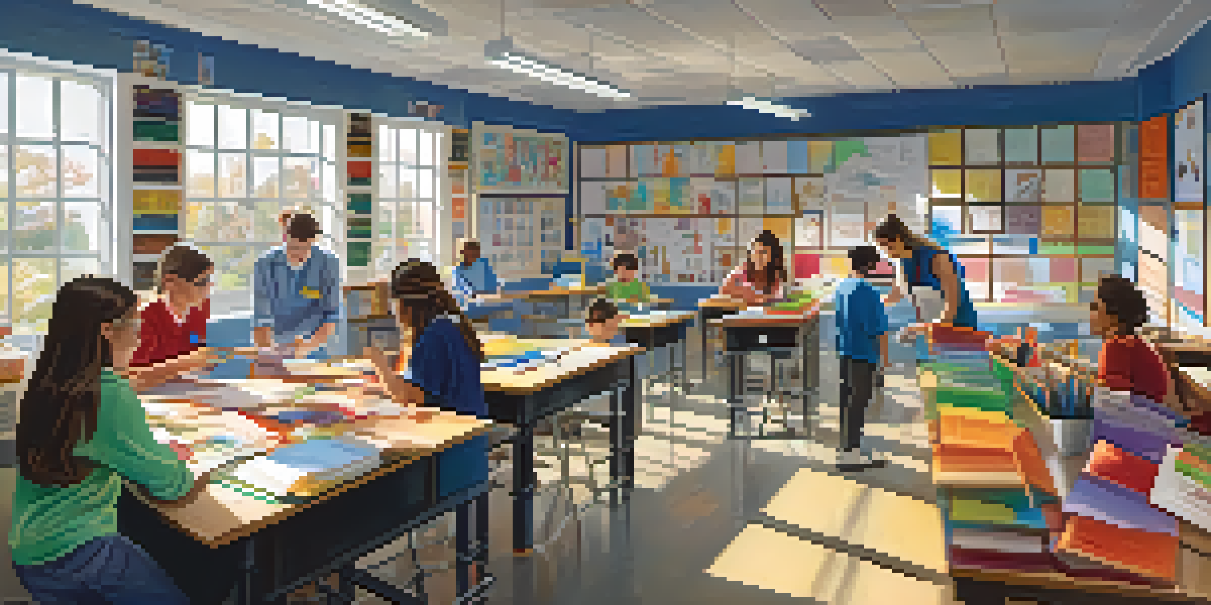 A classroom with teachers from different subjects collaborating, surrounded by art supplies and scientific posters, with engaged students working together at a large table.