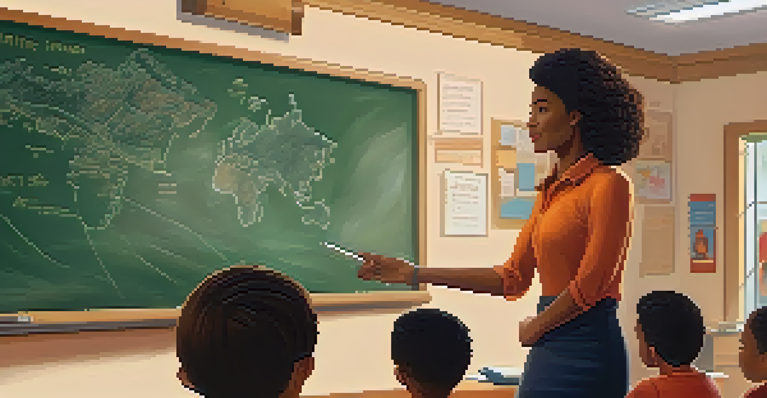 A teacher engaging with students in a multicultural classroom, with visual aids and a warm atmosphere.