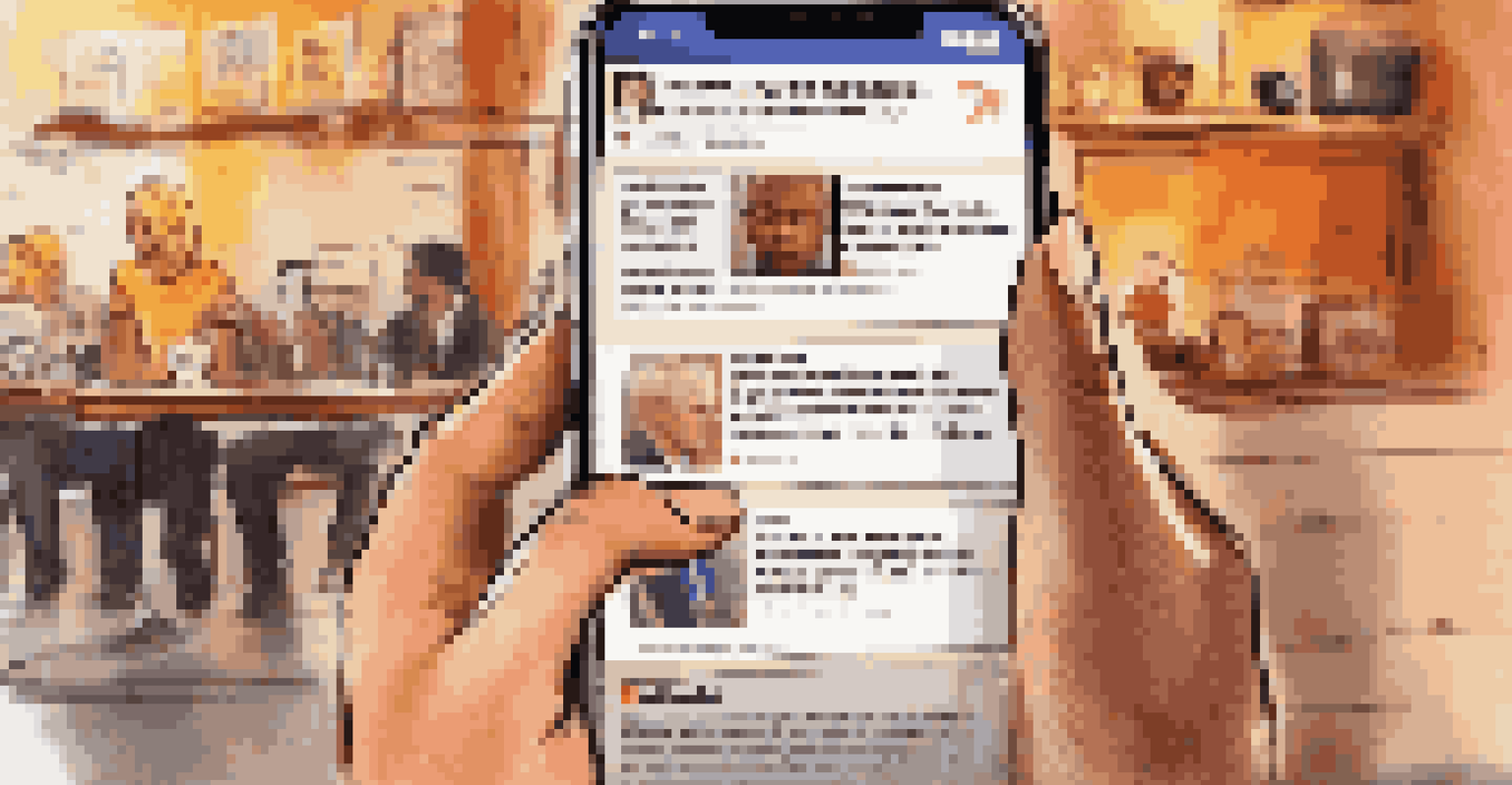 A smartphone displaying a social media feed with news headlines in a café setting.