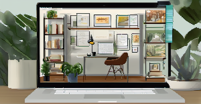 A laptop displaying a colorful digital portfolio with diverse student work in a cozy study area.