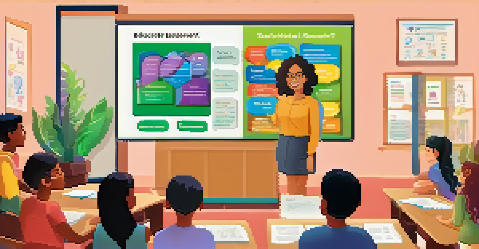 An educator presenting a colorful interactive quiz on a large screen, with students attentively participating in a bright classroom environment.