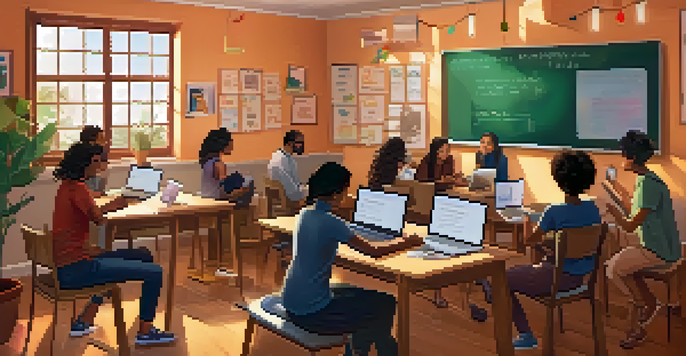 A virtual classroom with a diverse group of students, a teacher at a whiteboard, and personal touches reflecting various cultures.