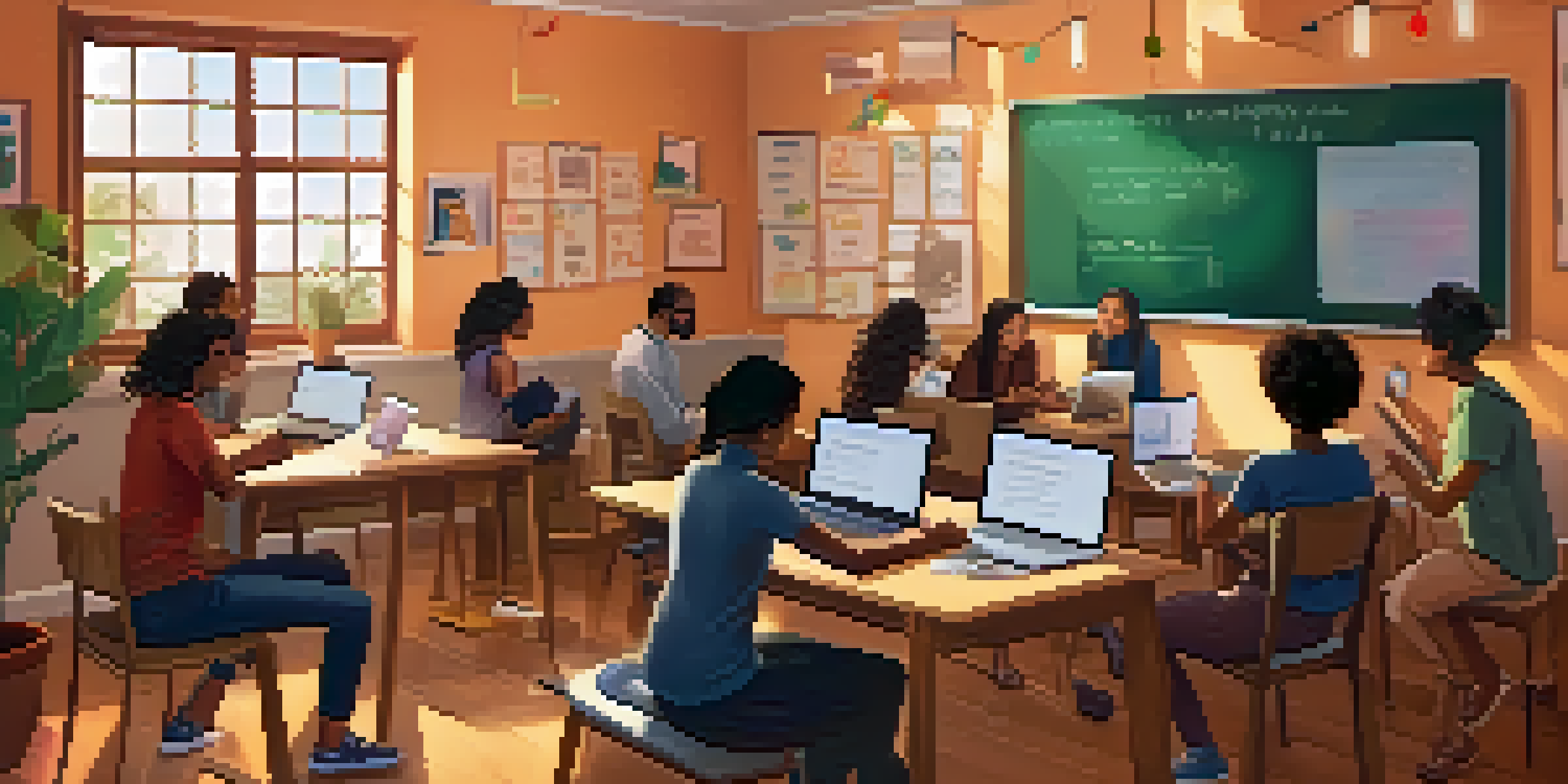 A virtual classroom with a diverse group of students, a teacher at a whiteboard, and personal touches reflecting various cultures.