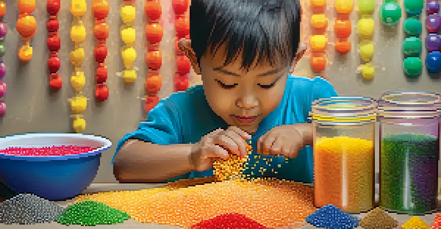 A child engaged in a sensory bin filled with rice and beads, pouring contents into containers with a joyful expression.
