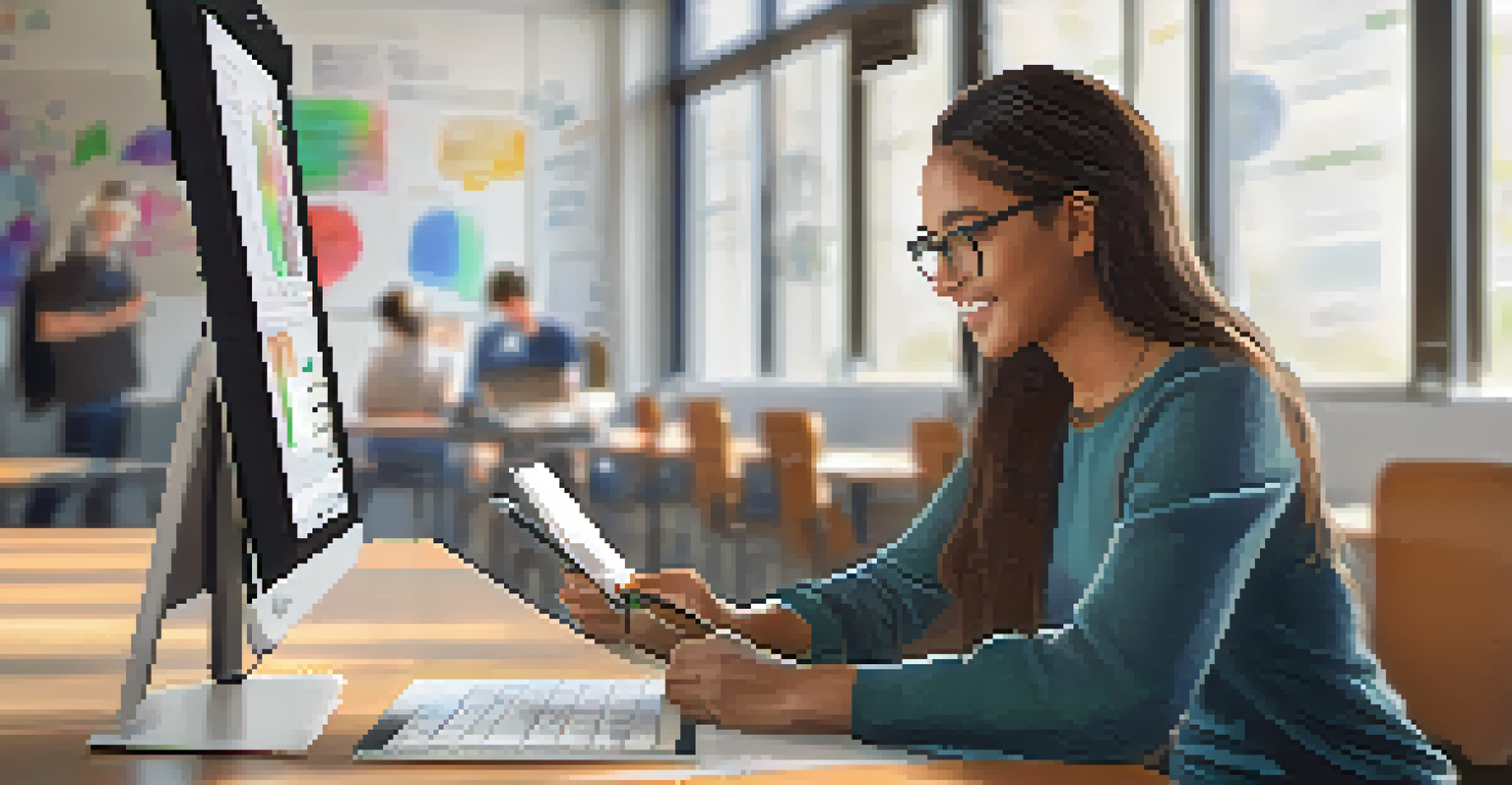 A teacher assisting a student with digital assessments in a modern classroom environment.
