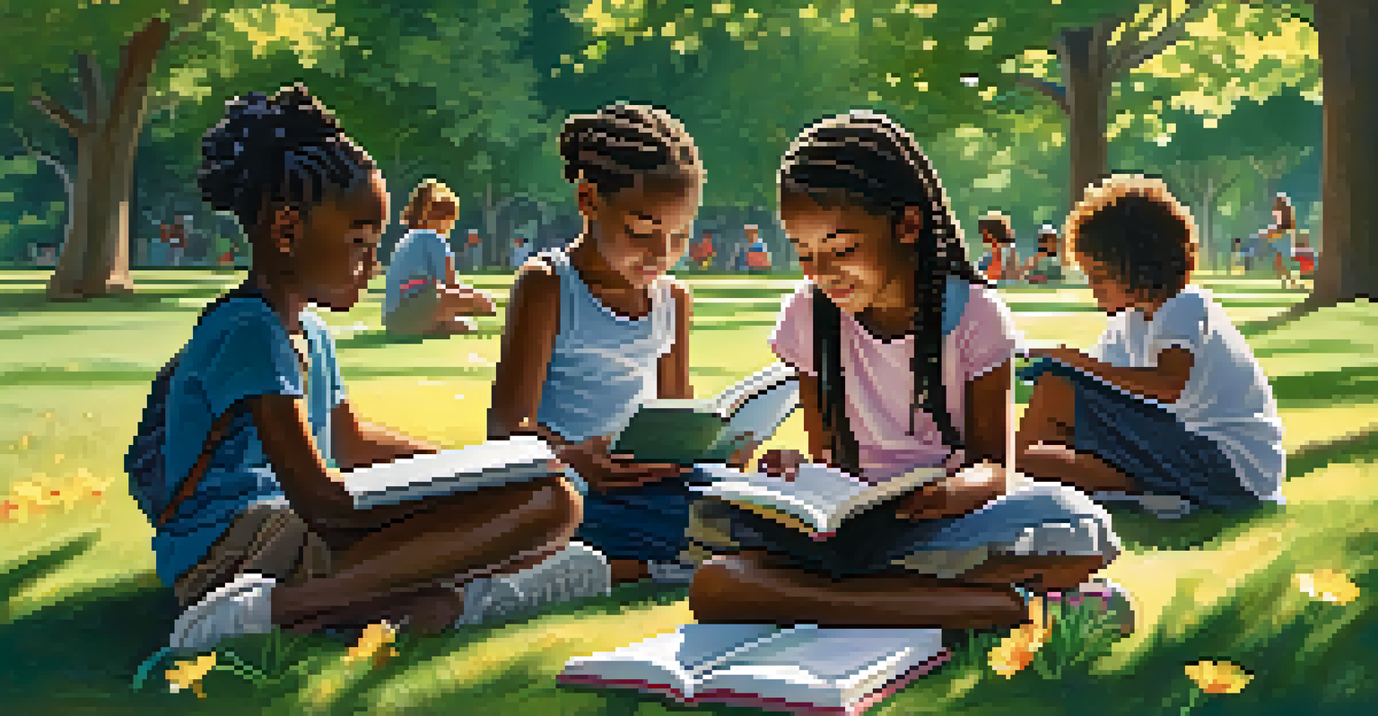 Children of various backgrounds studying together in a park, sitting on the grass with books and laptops.