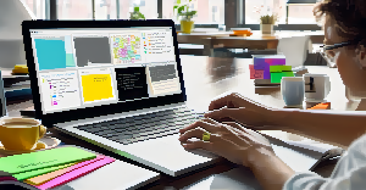 Close-up of hands typing on a laptop with a digital whiteboard and colorful sticky notes in the background, highlighting collaboration.