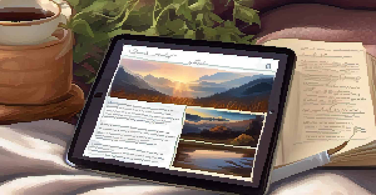 A digital reflection journal on a tablet with prompts and notes, accompanied by a cup of herbal tea on a cozy blanket in a warm setting.