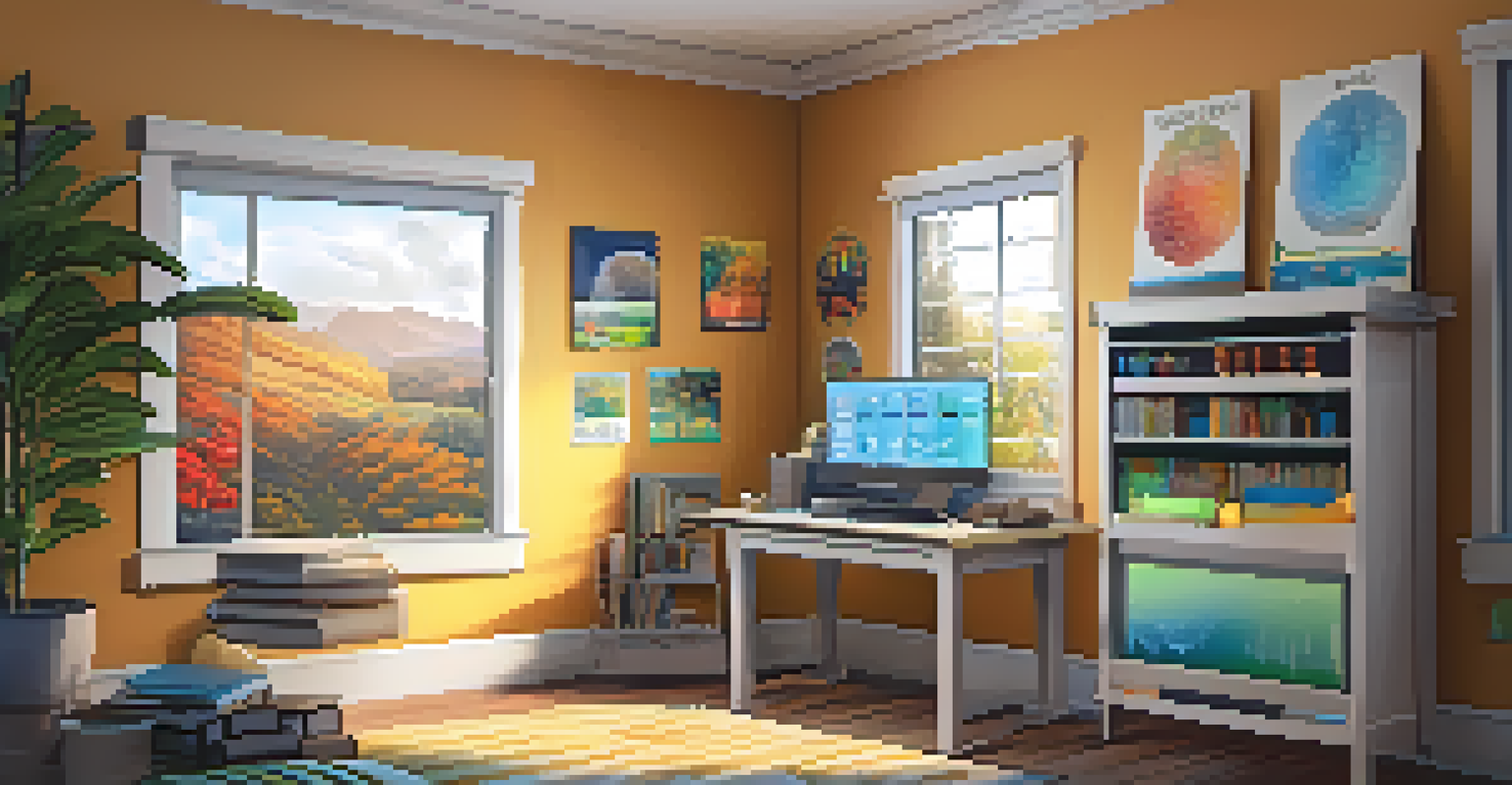 A home study area featuring a laptop with a virtual lab interface for physics experiments and educational decor.