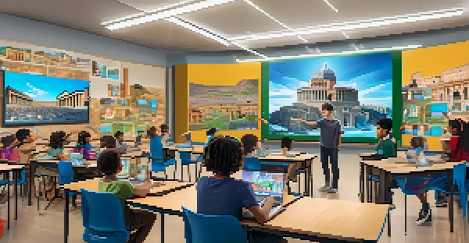 A classroom filled with students wearing VR headsets, engaged in immersive learning about ancient Rome, with a teacher pointing at a screen displaying a 3D simulation.