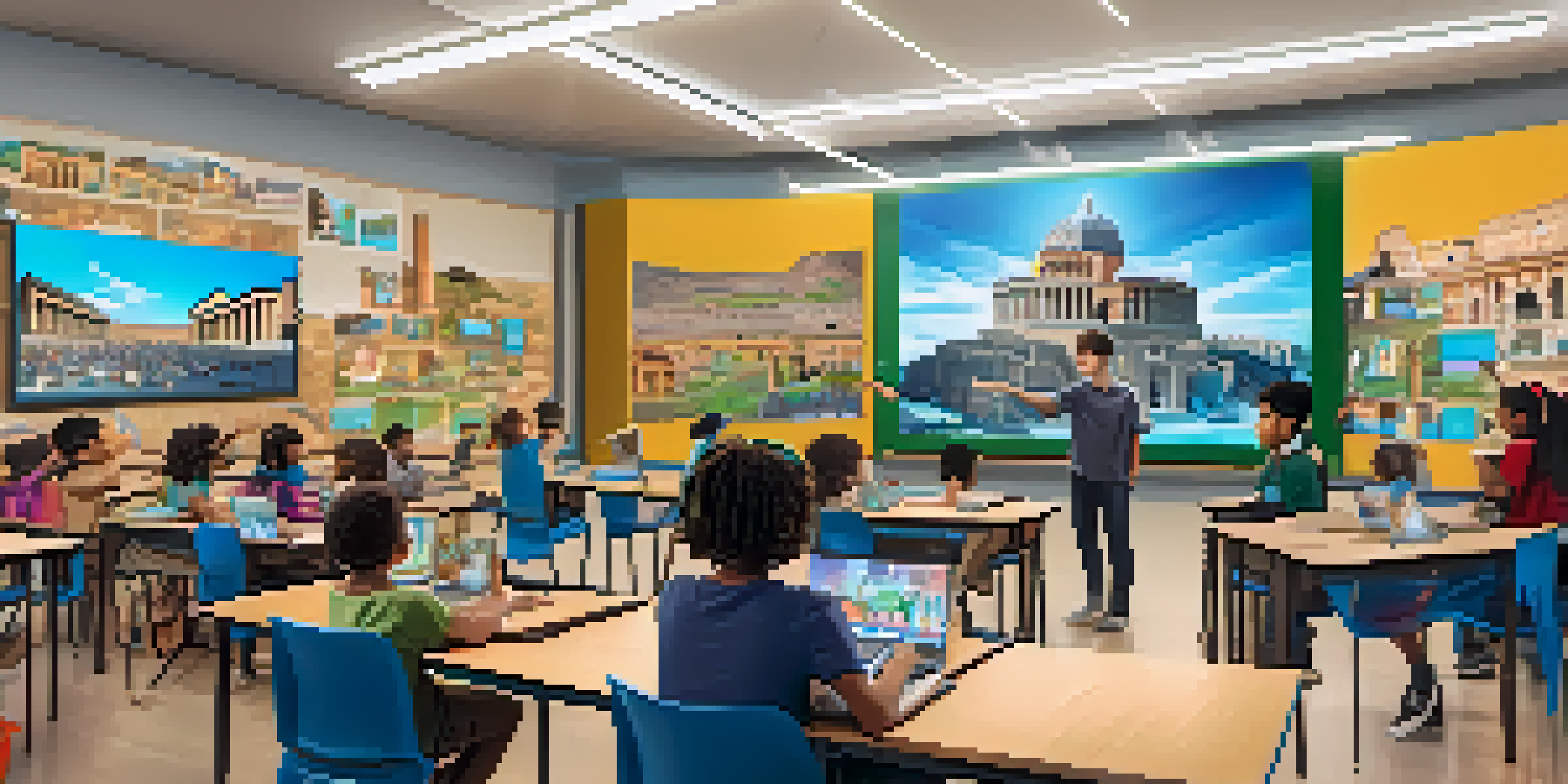 A classroom filled with students wearing VR headsets, engaged in immersive learning about ancient Rome, with a teacher pointing at a screen displaying a 3D simulation.