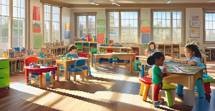 A lively classroom with children playing and learning together using colorful educational materials.