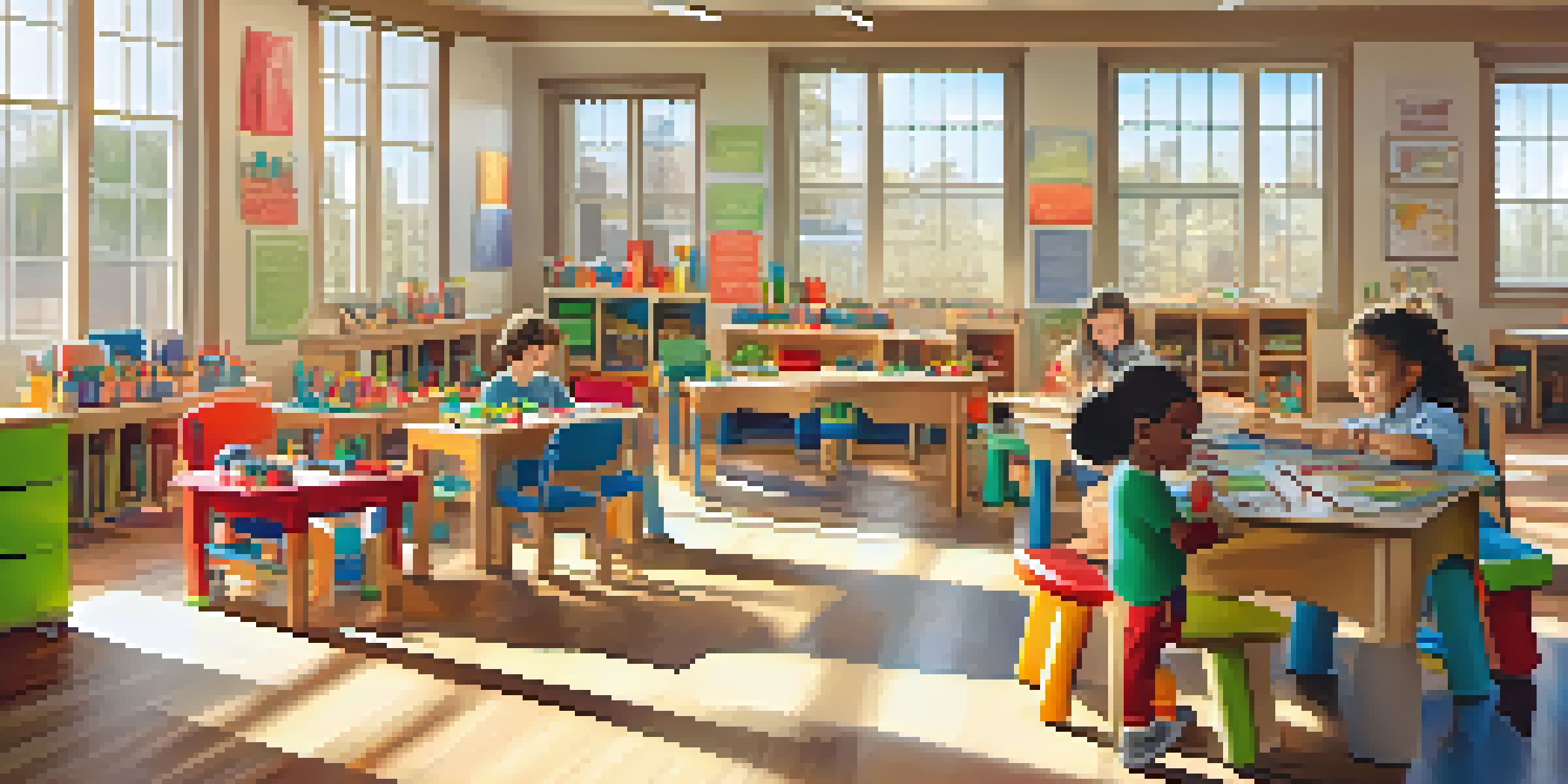 A lively classroom with children playing and learning together using colorful educational materials.