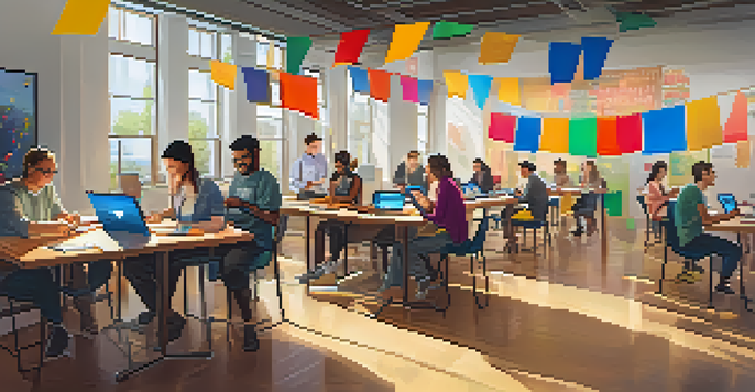 A lively workshop where adults are actively participating in gamified learning, using tablets and engaging with each other.