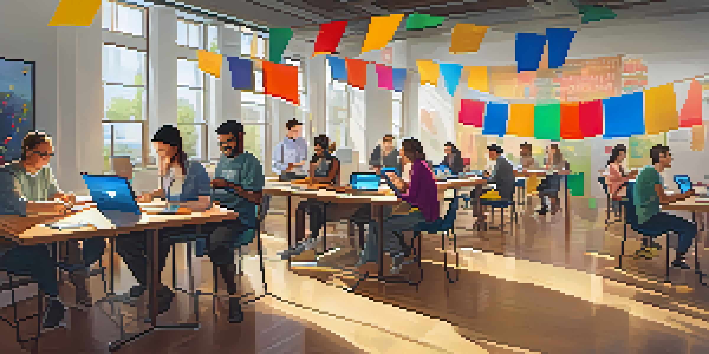 A lively workshop where adults are actively participating in gamified learning, using tablets and engaging with each other.