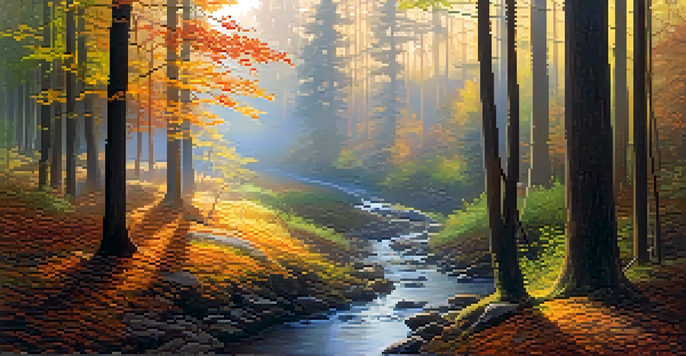 A peaceful forest at dawn with mist, sunlight filtering through trees, a winding path with autumn leaves, and a stream reflecting the sky.