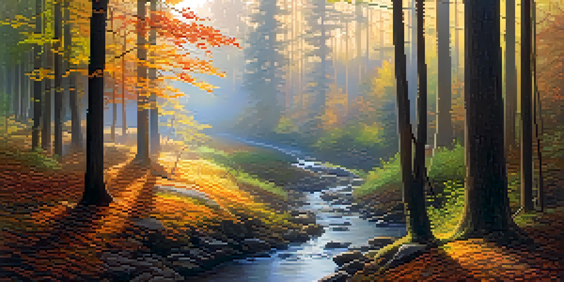 A peaceful forest at dawn with mist, sunlight filtering through trees, a winding path with autumn leaves, and a stream reflecting the sky.