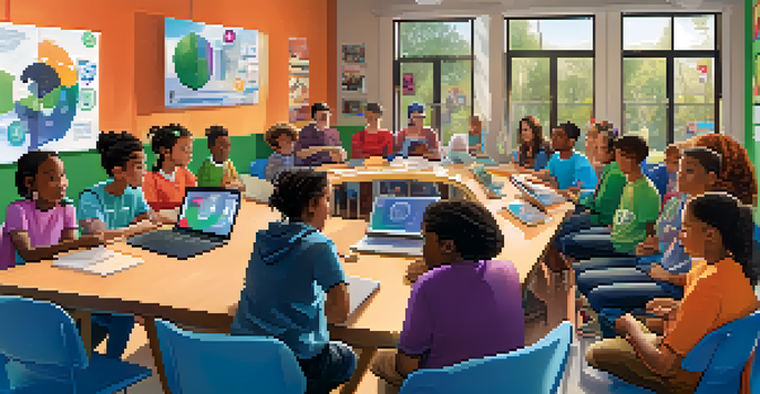 A group of diverse individuals participating in a digital citizenship workshop, discussing around a table with laptops and tablets, in a bright room with posters on the walls.