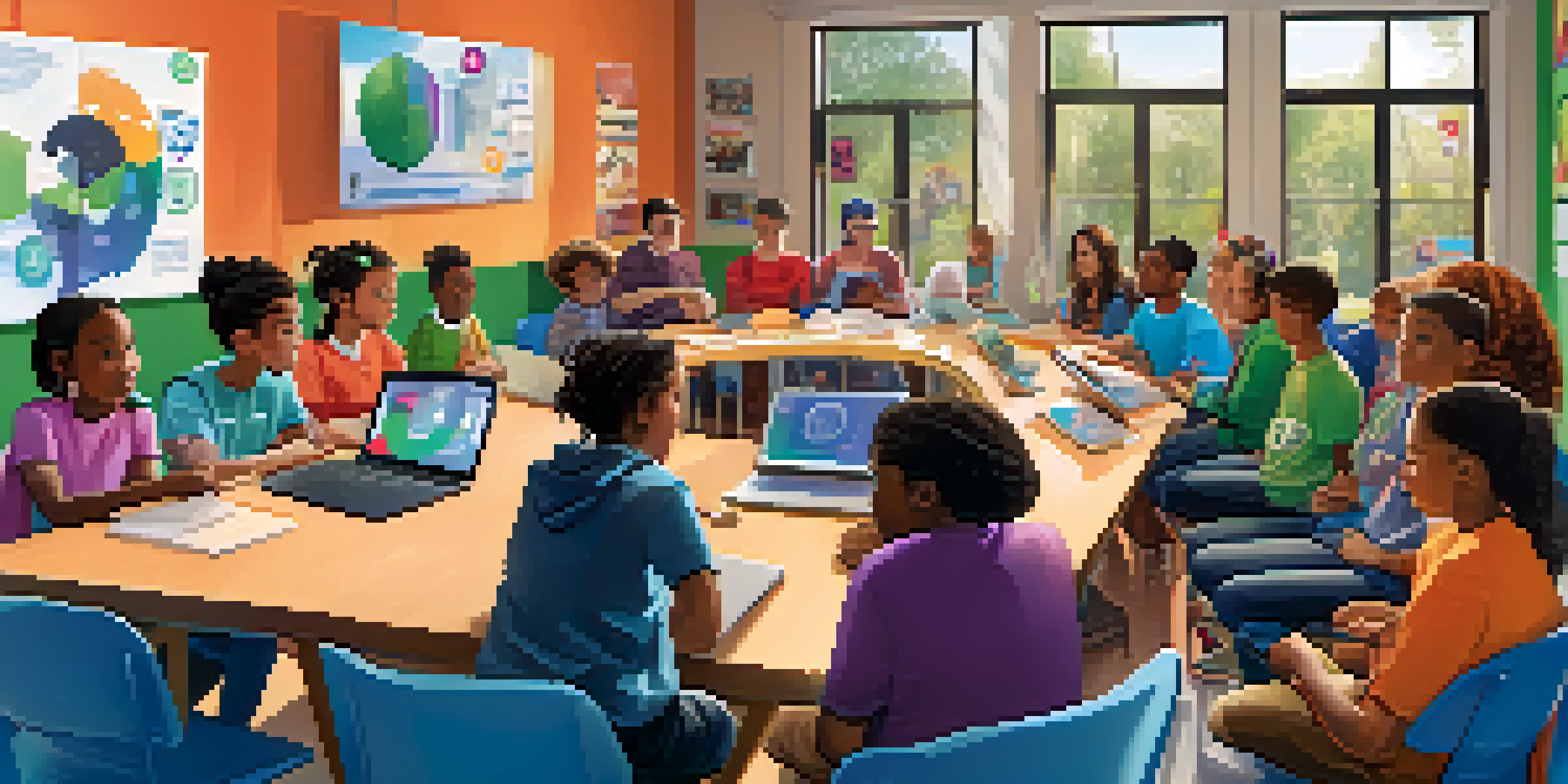 A group of diverse individuals participating in a digital citizenship workshop, discussing around a table with laptops and tablets, in a bright room with posters on the walls.