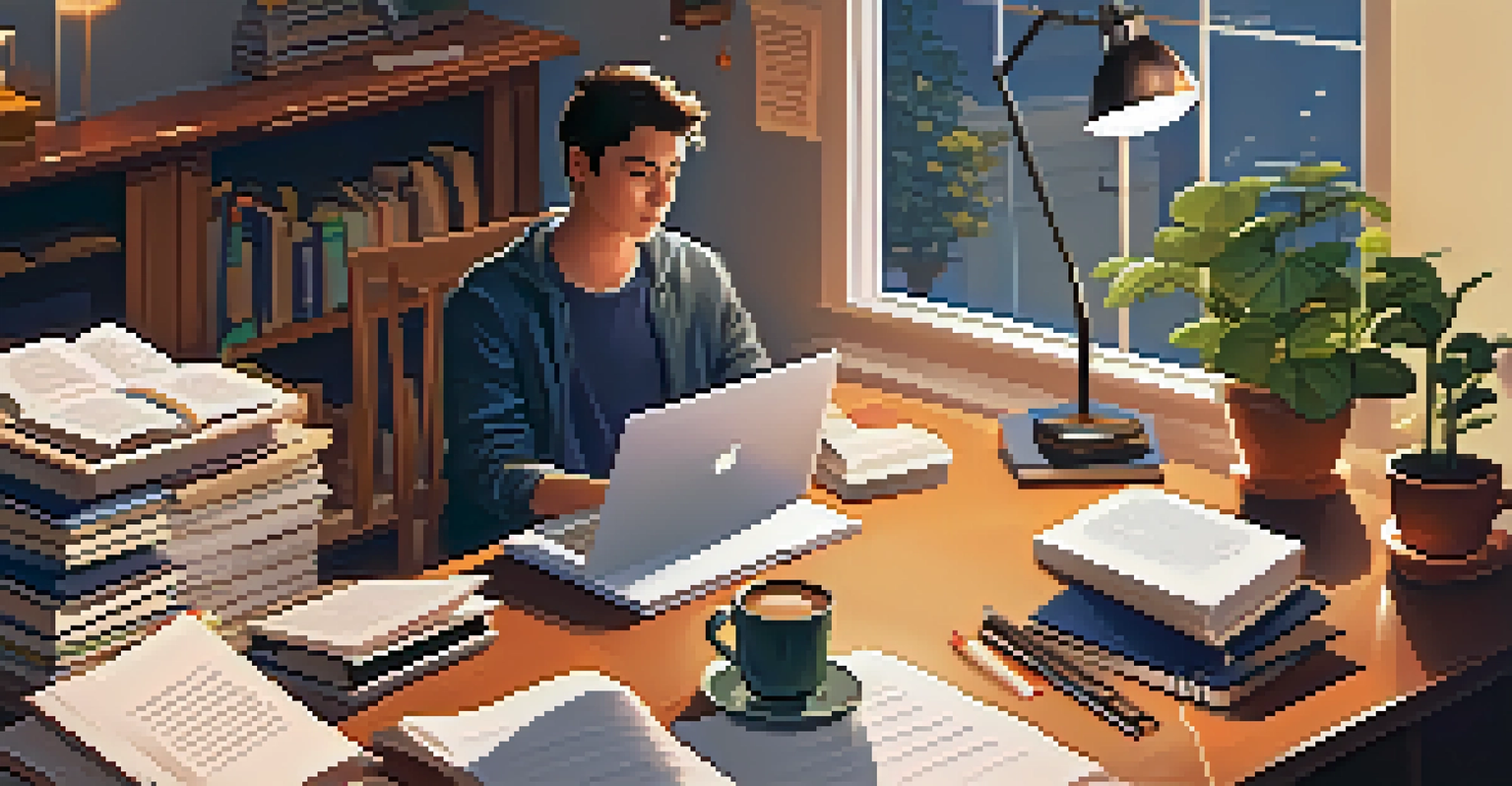 A student studying at home with a laptop, textbooks, and notes in a cozy environment with warm lighting.