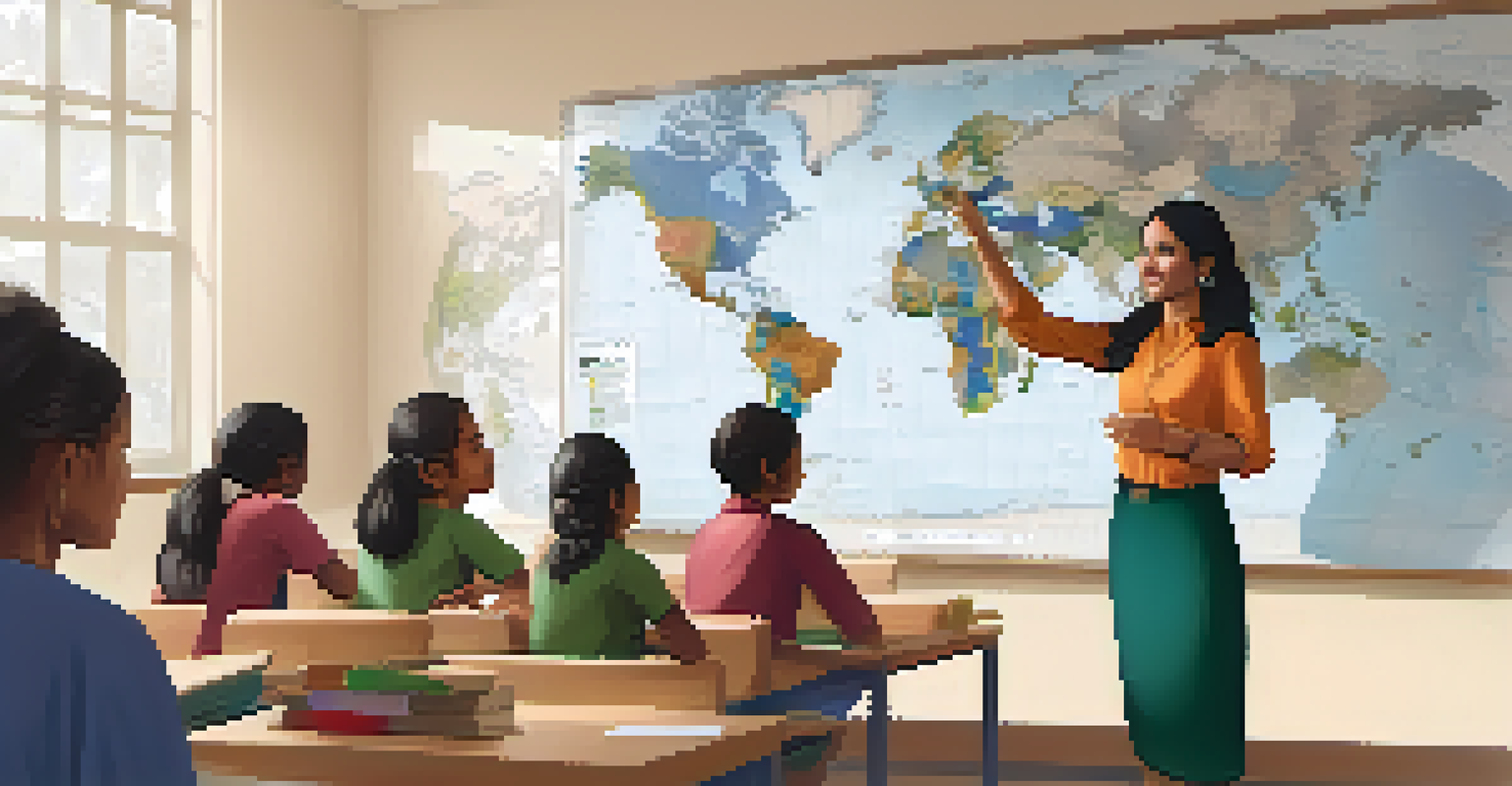 A diverse classroom with students from various backgrounds participating in a multicultural lesson led by a teacher at the front.