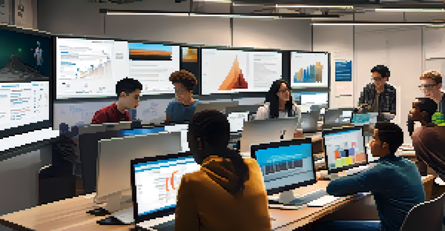 Diverse students collaborating on a project with laptops in a tech-enhanced classroom, surrounded by motivational posters and a large screen.