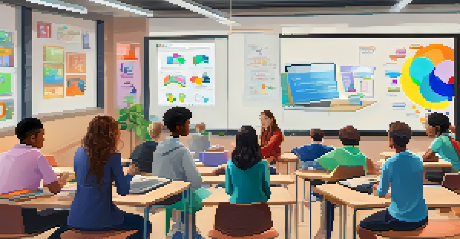 A diverse group of students participating in an online classroom, each on their own device, surrounded by colorful learning materials.