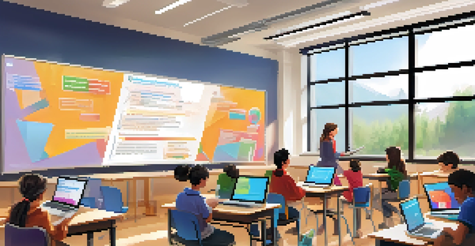 A vibrant classroom with students using laptops for digital assessments, under the guidance of a teacher.