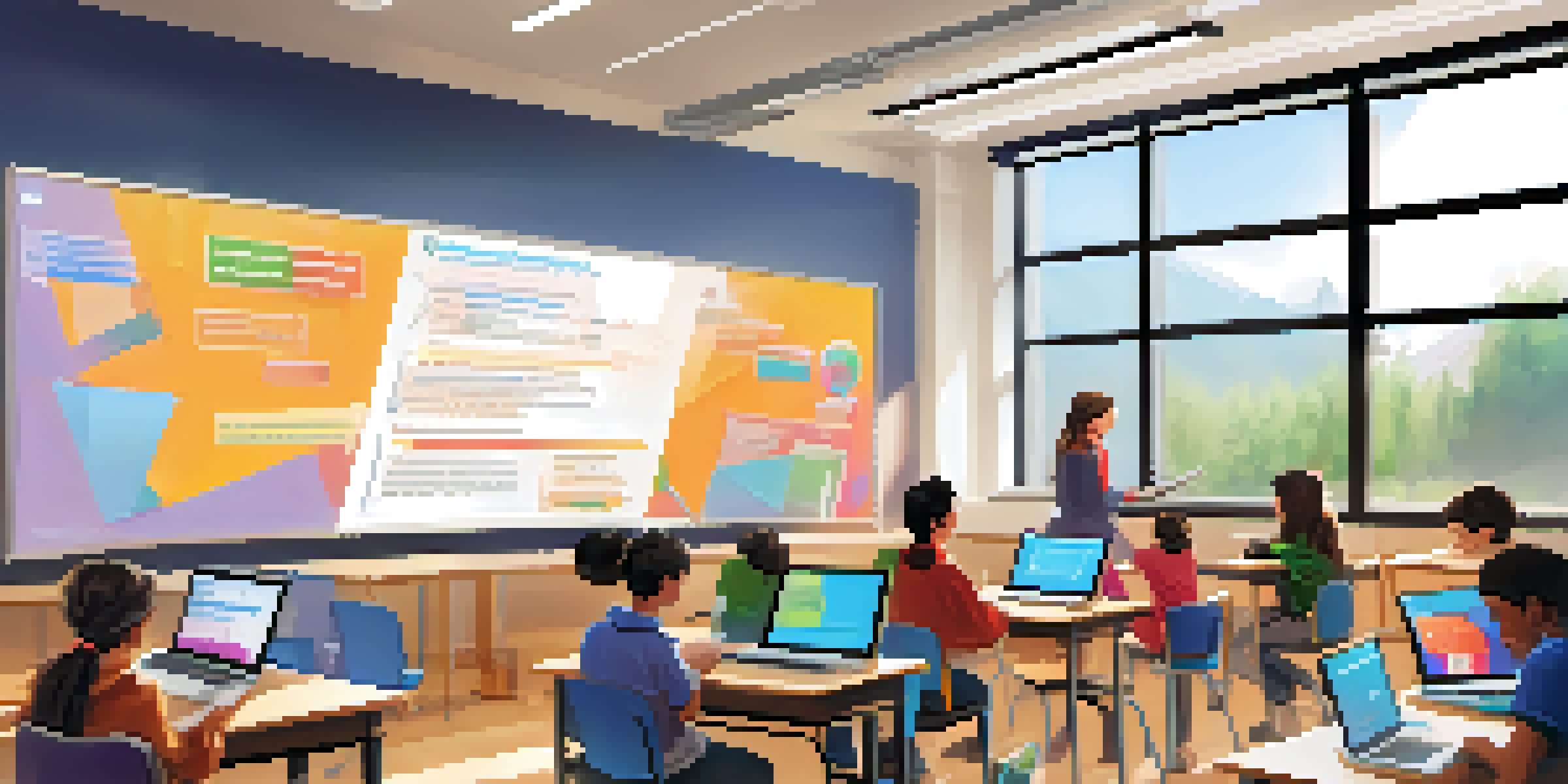 A vibrant classroom with students using laptops for digital assessments, under the guidance of a teacher.