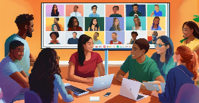 A diverse group of students engaged in a video conference, showing enthusiasm and collaboration in a well-lit online classroom setting.