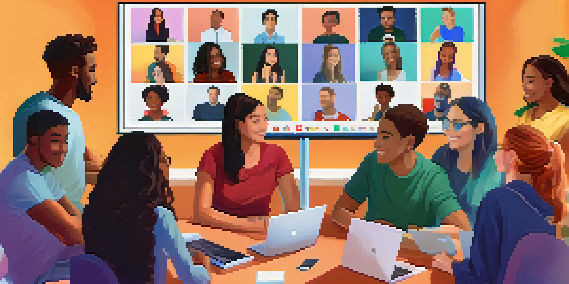 A diverse group of students engaged in a video conference, showing enthusiasm and collaboration in a well-lit online classroom setting.