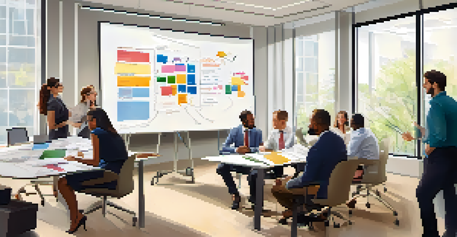A diverse team of professionals collaborating in a bright office, with notes on a whiteboard.