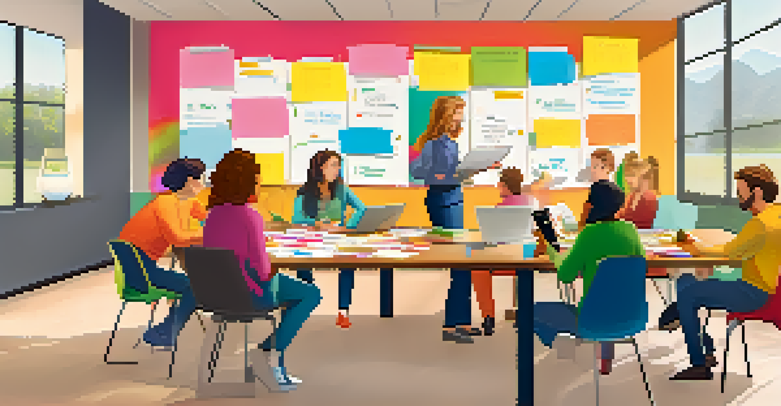 A collaborative meeting of teachers working together on a digital project in a bright, colorful room, with laptops and sticky notes visible.
