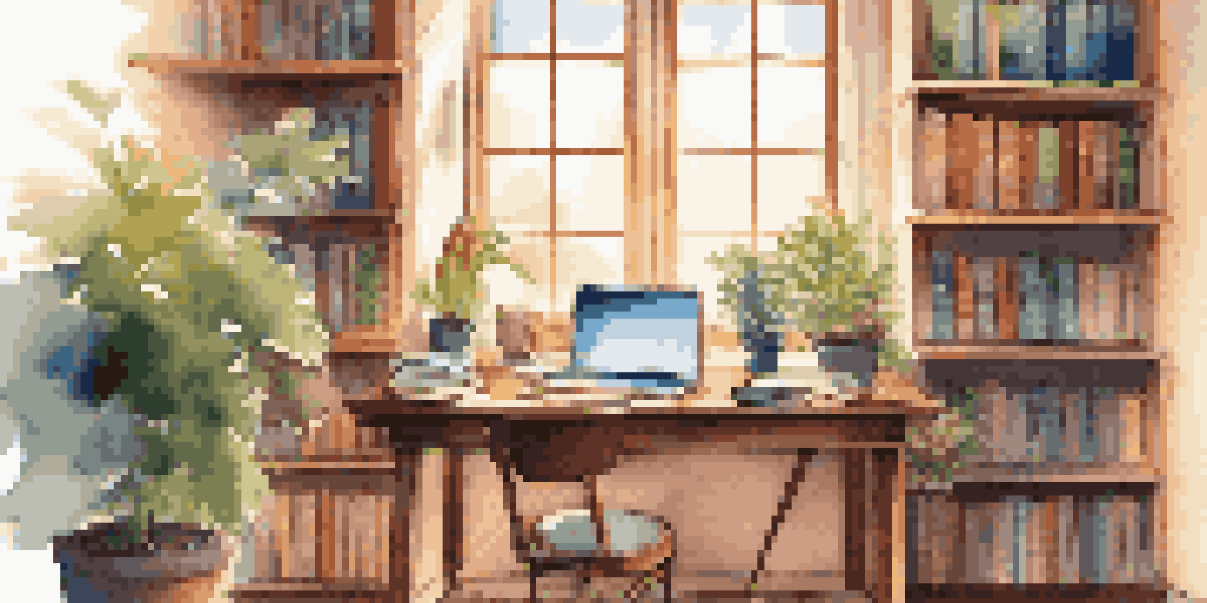 A cozy study space with a wooden desk, laptop, colorful notebooks, steaming tea, and a potted plant, illuminated by sunlight from a window.