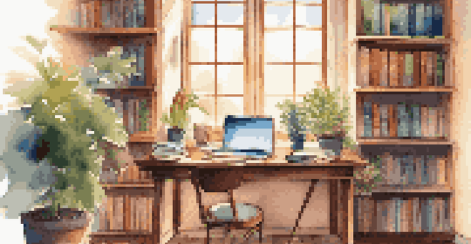 A cozy study space with a wooden desk, laptop, colorful notebooks, steaming tea, and a potted plant, illuminated by sunlight from a window.