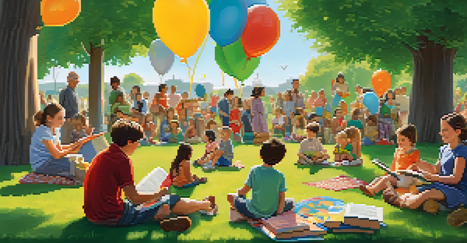 Children sitting on a picnic blanket at a community storytime event in a park, listening to a storyteller.