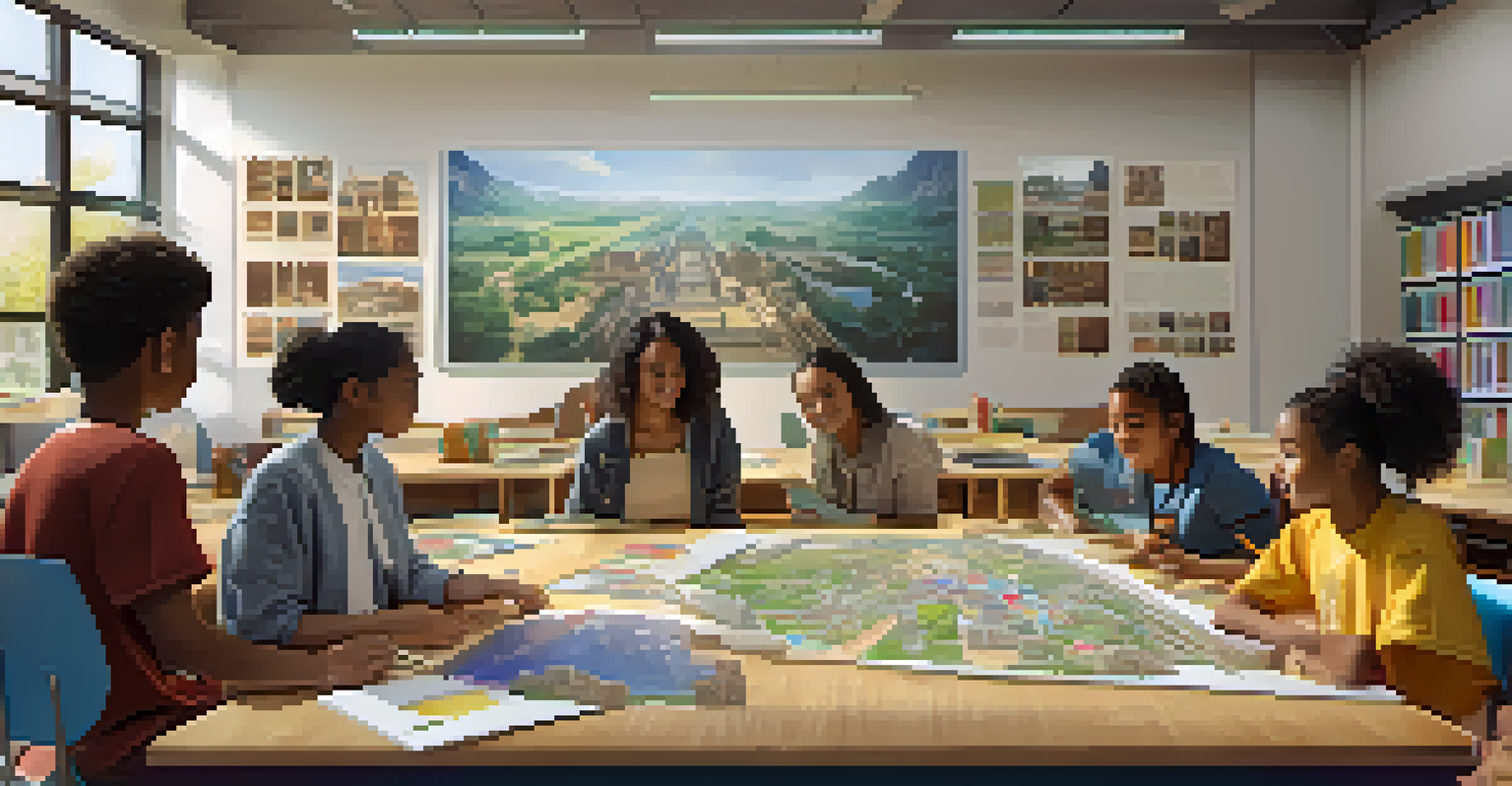 Diverse students collaborating on an AR project, discussing a shared 3D model of a historical site.