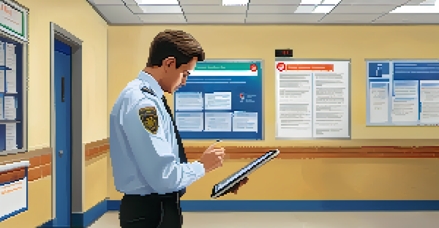 A school administrator in a hallway, using a tablet to send emergency alerts, with posters about crisis management in the background.