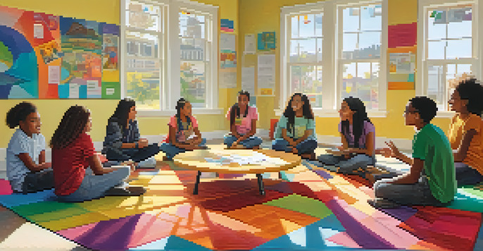 A diverse group of students in a lively classroom, participating in a group discussion with sunlight streaming through the windows.