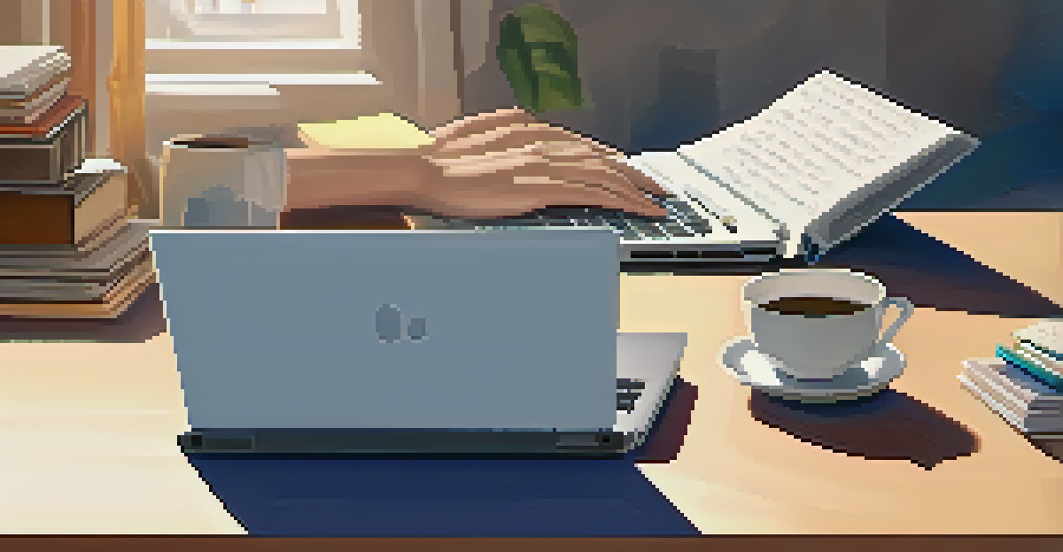 Close-up of hands typing on a laptop with study materials around, representing continuous learning.