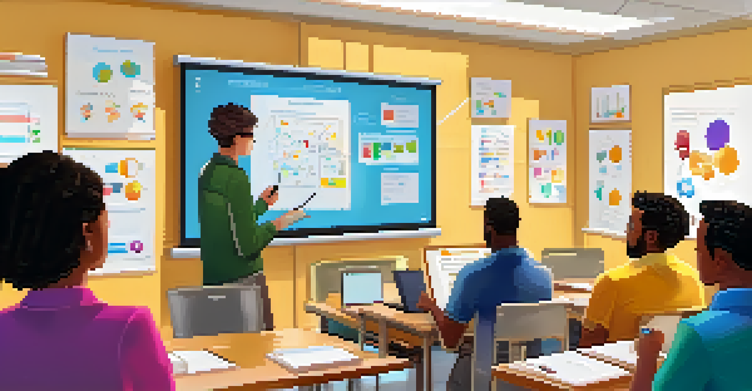 A professor presenting microlearning content on a digital whiteboard while students engage with laptops in a bright classroom.