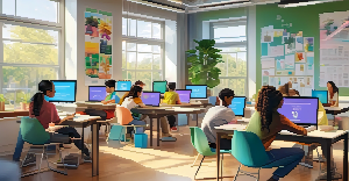A group of diverse students in a bright room, studying together on laptops with educational posters around them.
