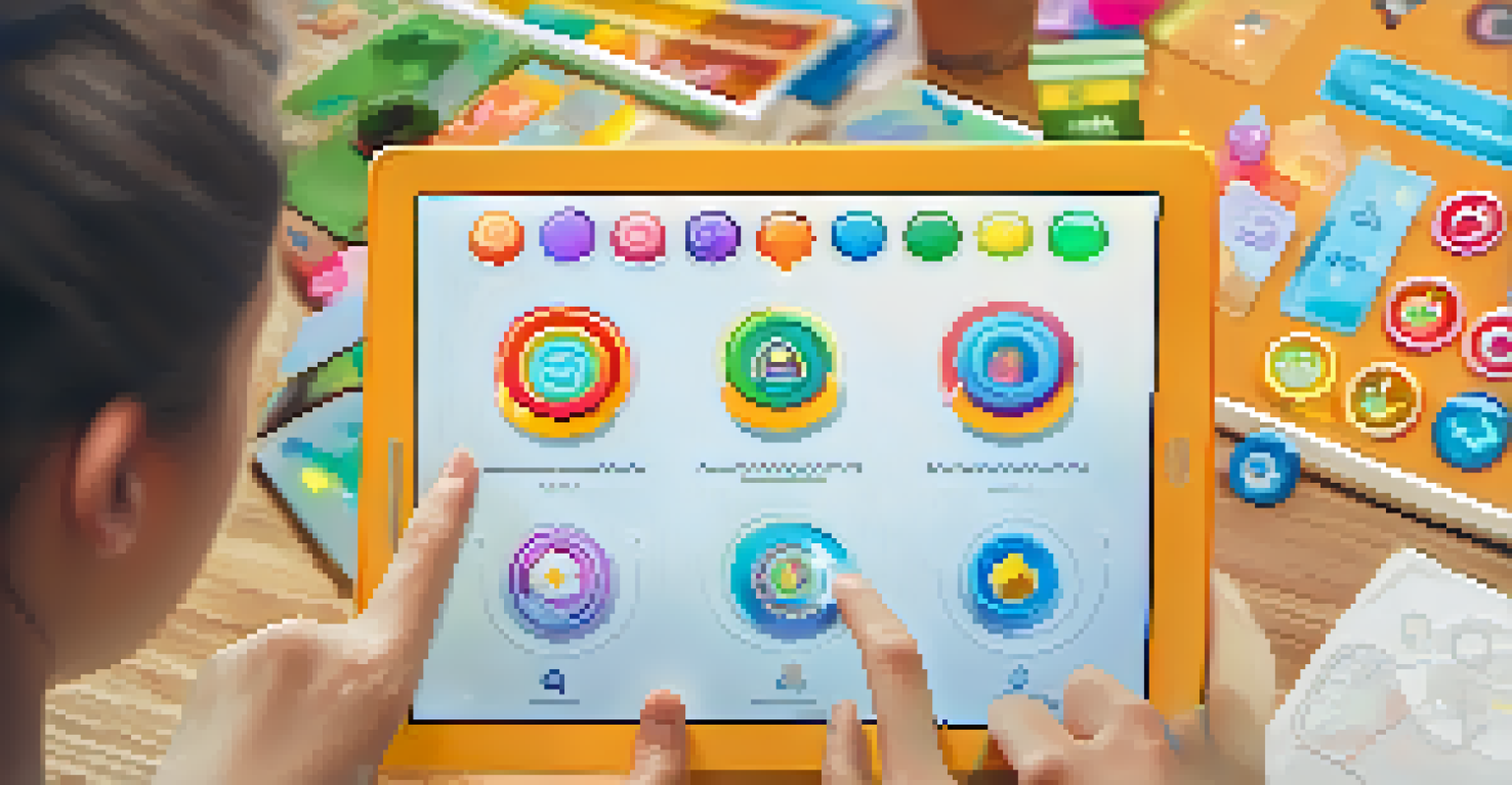 A student's hands using a tablet with a gamified learning interface, showing badges and points.