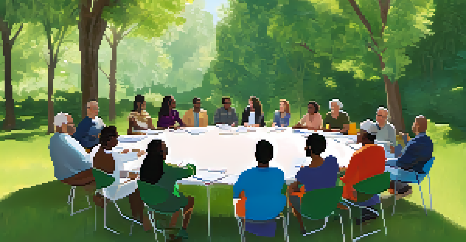 A community gathering with educators and stakeholders discussing curriculum design around a large table in a natural outdoor setting.
