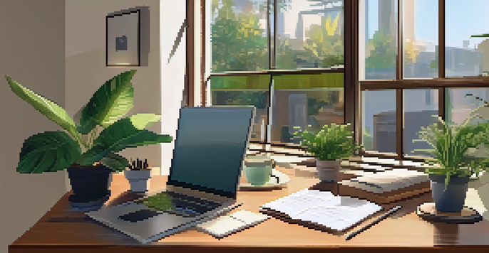 A cozy home office with a laptop displaying feedback, plants, and a cup of coffee in soft natural light.
