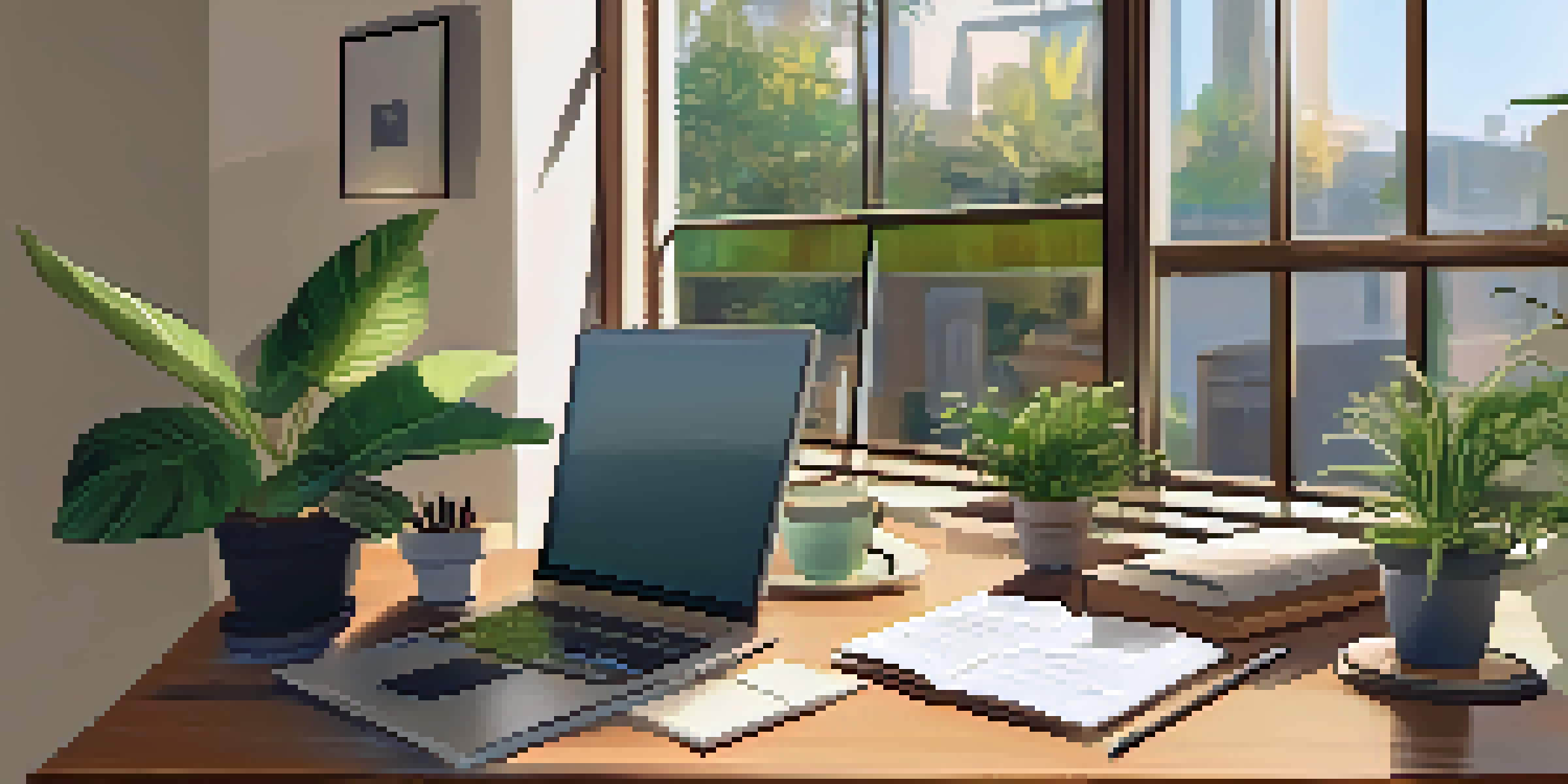 A cozy home office with a laptop displaying feedback, plants, and a cup of coffee in soft natural light.
