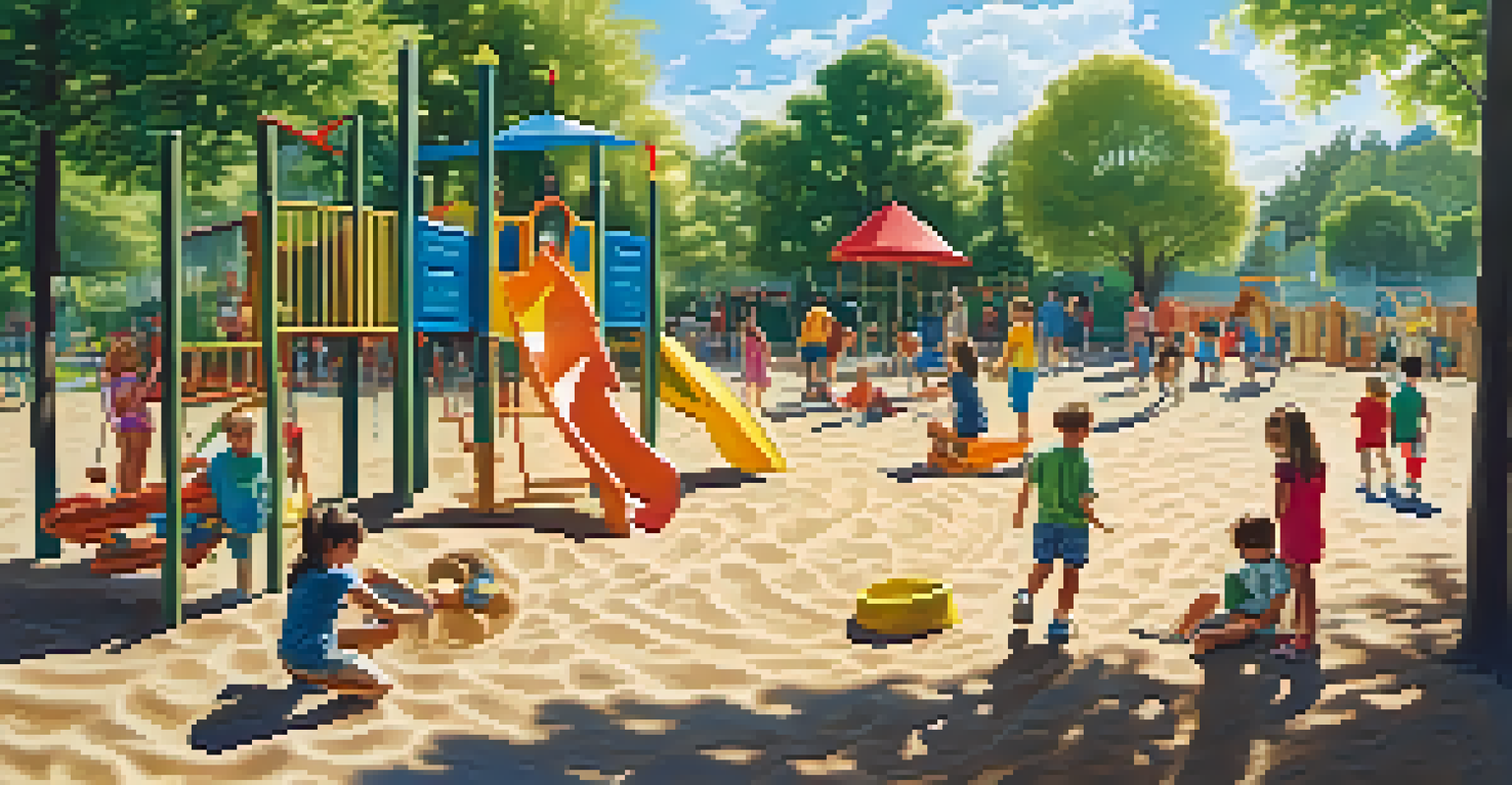 Children at a playground, playing and building a sandcastle under bright sunlight.
